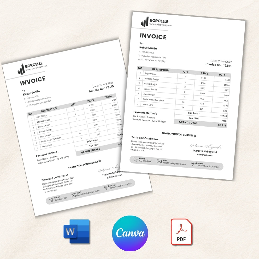 Two Borcelle invoice templates on a light background with software icon logos.