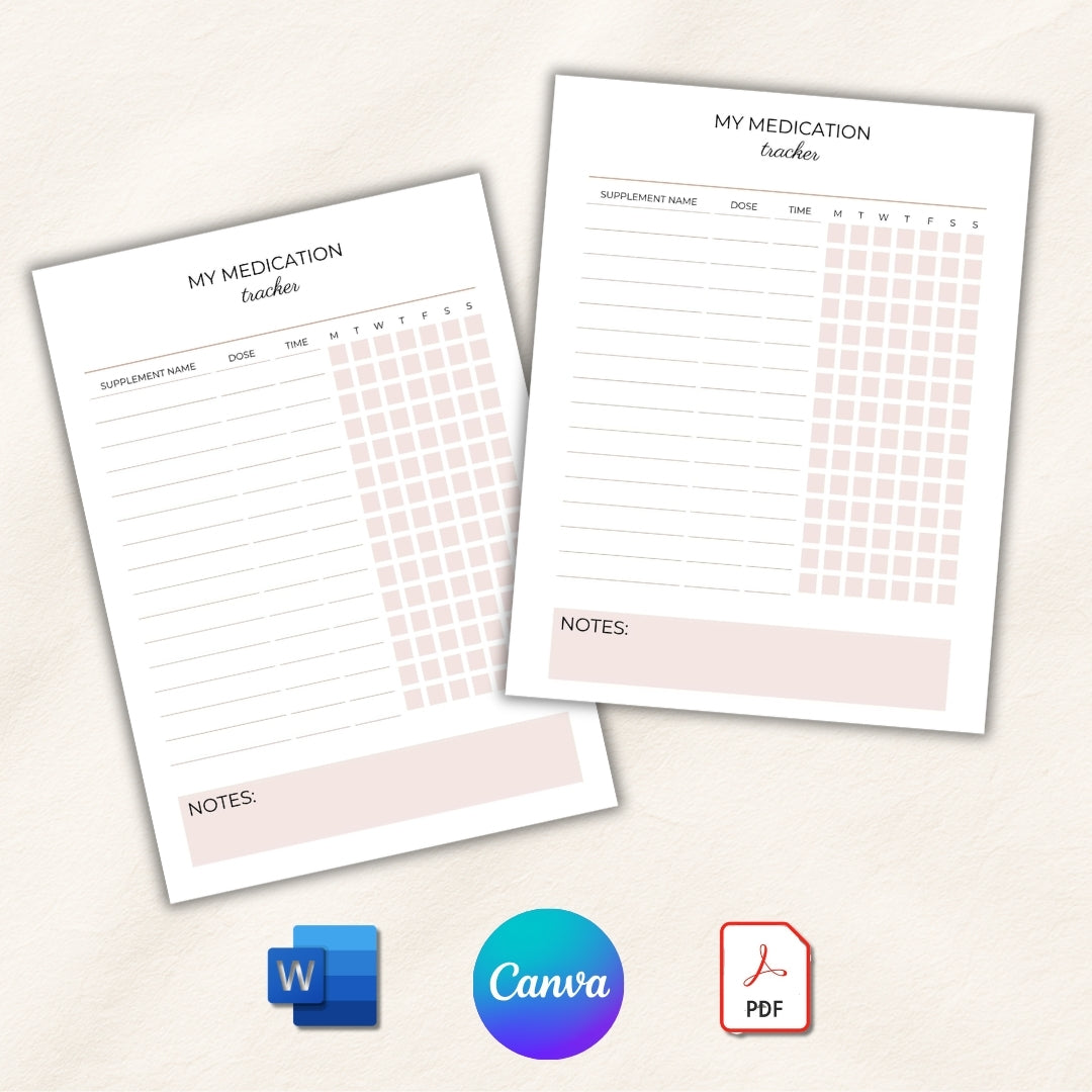 Two medication tracking sheets on a light background with software icon logos.
