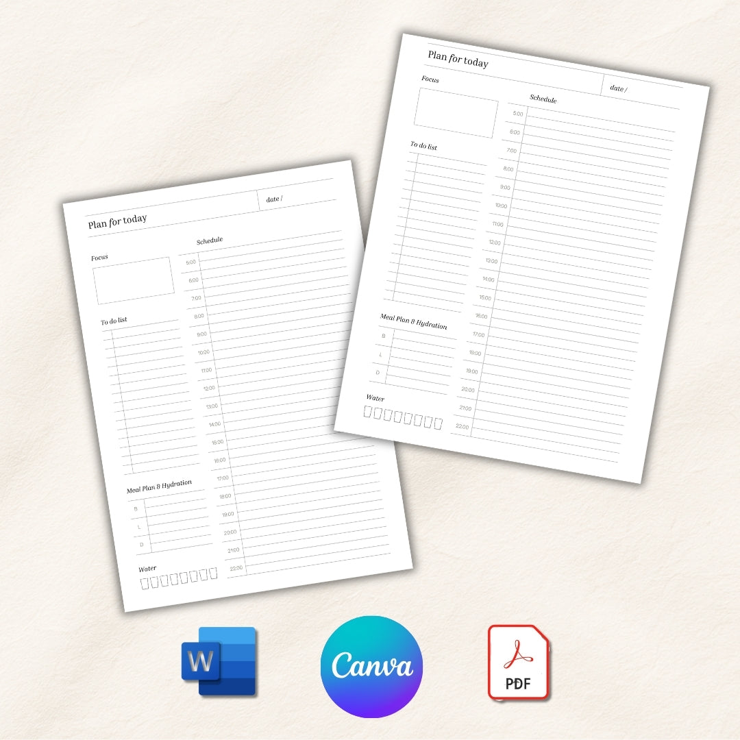 Two planner sheets with a 'Plan for today' layout on a light beige background, with icons for Microsoft Word, Canva, and PDF at the bottom.