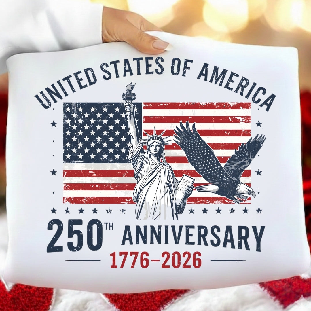 T-shirt celebrating the 250th anniversary of the United States with American flag, Statue of Liberty, and eagle design.