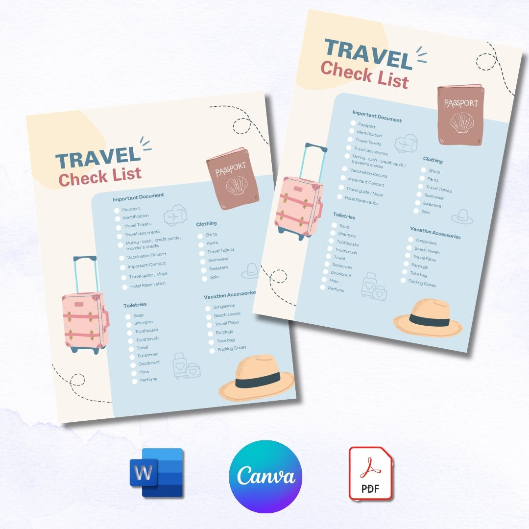 Travel check list templates with icons for Microsoft Word, Canva, and PDF on a white background