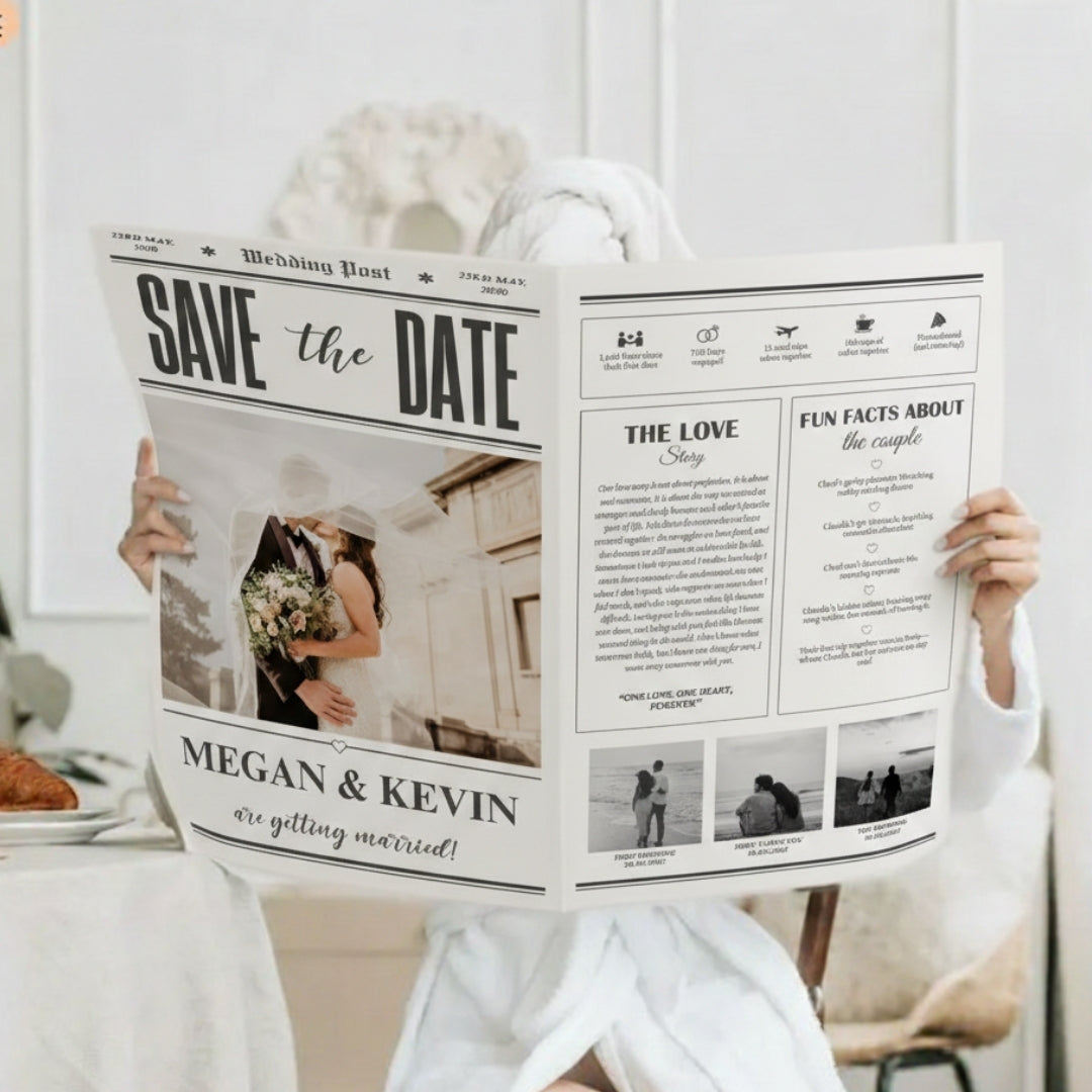 Person holding a 'Save the Date' newspaper with wedding details