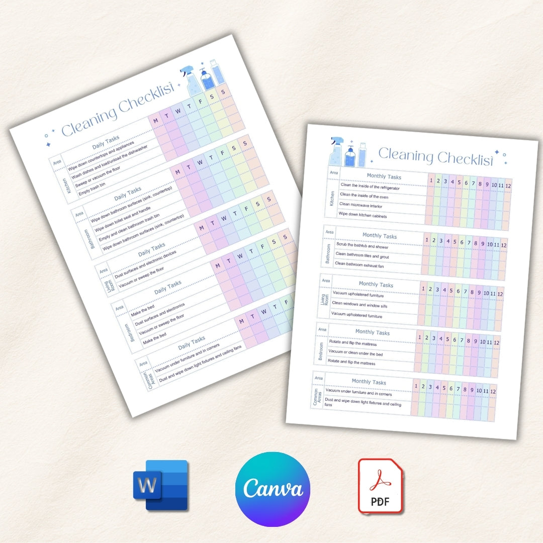 Two cleaning checklists with pastel color scheme on a light background, featuring icons for Microsoft Word, Canva, and PDF.