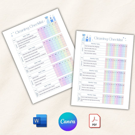 Two cleaning checklists with pastel color scheme on a light background, featuring icons for Microsoft Word, Canva, and PDF.