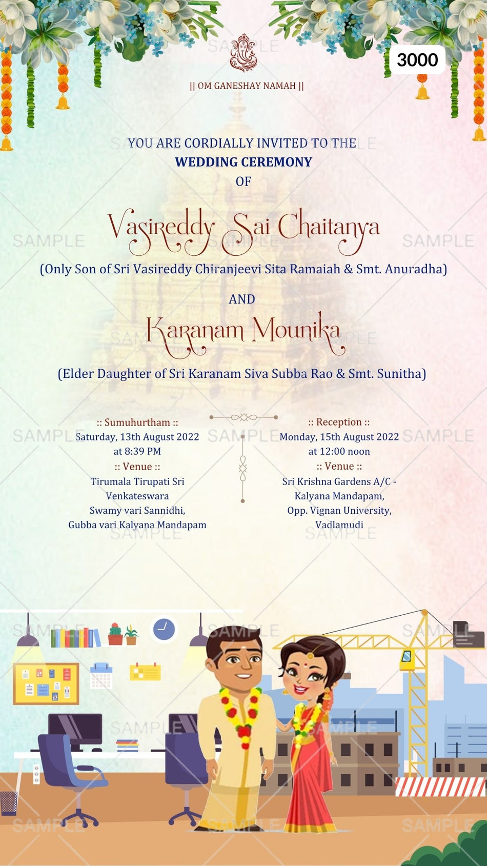 Stylish couple doodle invitation card by canva for the wedding ceremony of Hindu south indian telugu family in english language with mix profession theme Canva Editable Template design 3000