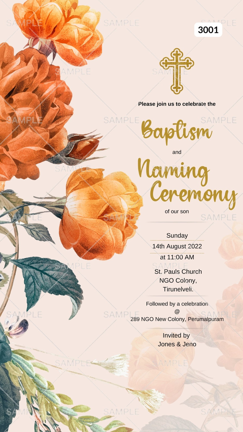 Digital Naming Ceremony Invitation Of Catholic Family In English Language With Floral Theme Canva Editable Template design no - 3001