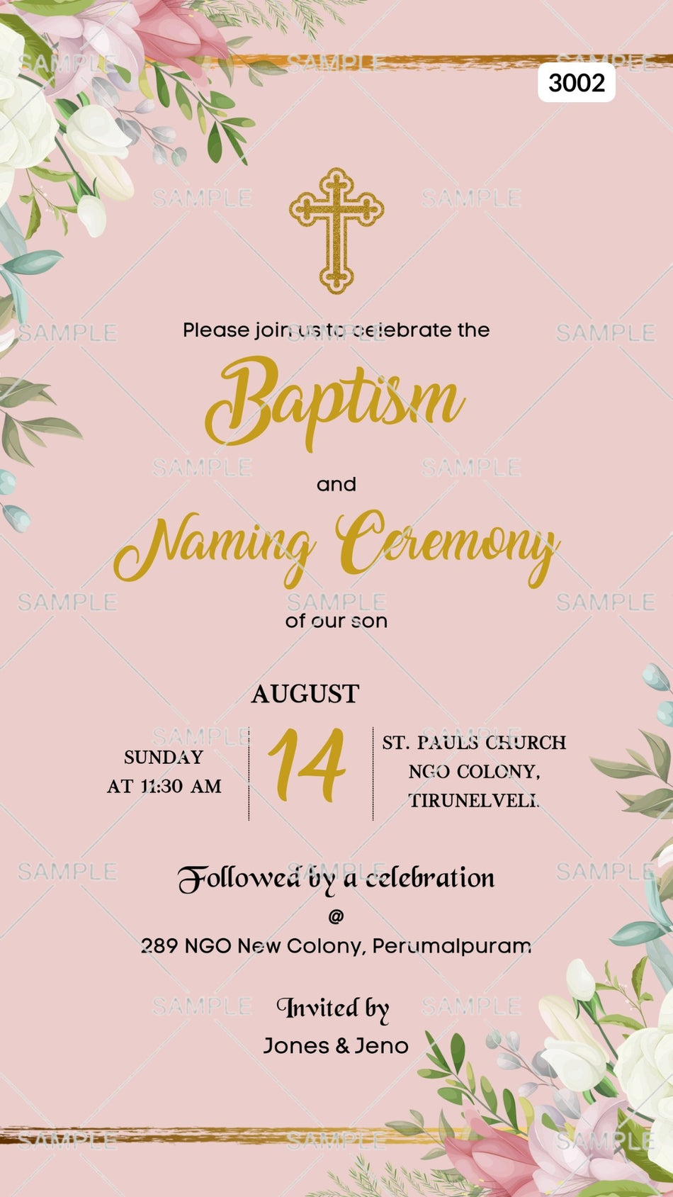 Digital Naming Ceremony Invitation Of Catholic Family In English Language With Pastel Floral Theme Canva Editable Template  design no - 3002