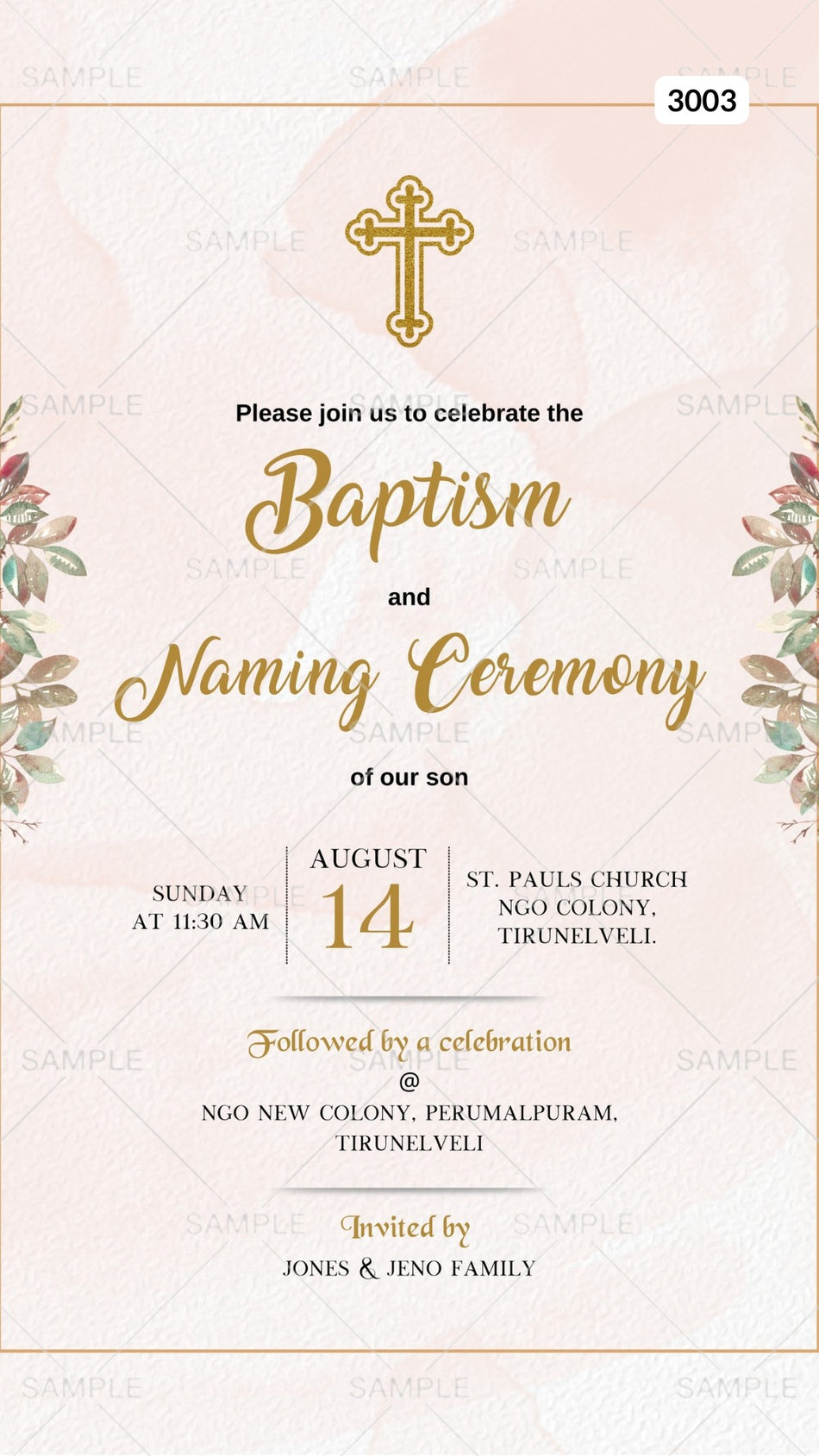 Digital Naming Ceremony Invitation Of Catholic Family In English Language With Pastel Theme Canva Editable Template  design no - 3003