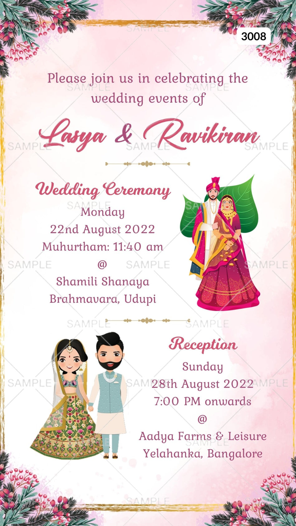 Digital Wedding and Reception Ceremony Invitation Of Indian family In English Language With Indian Traditional Theme Canva Editable Template  design no - 3008