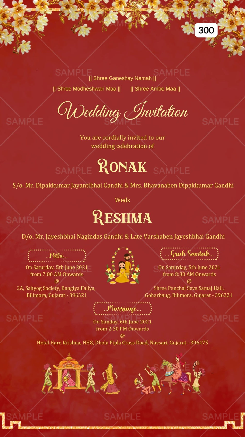 Wedding ceremony invitation card Canva Editable Template of hindu gujarati patel family in english language with Minimalistic theme design 300
