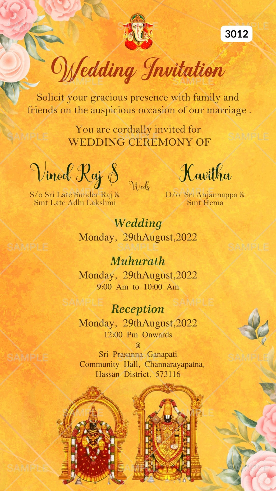 Digital Wedding Invitation Of South Indian Family In English Language With Floral Theme Canva Editable Template  design no - 3012