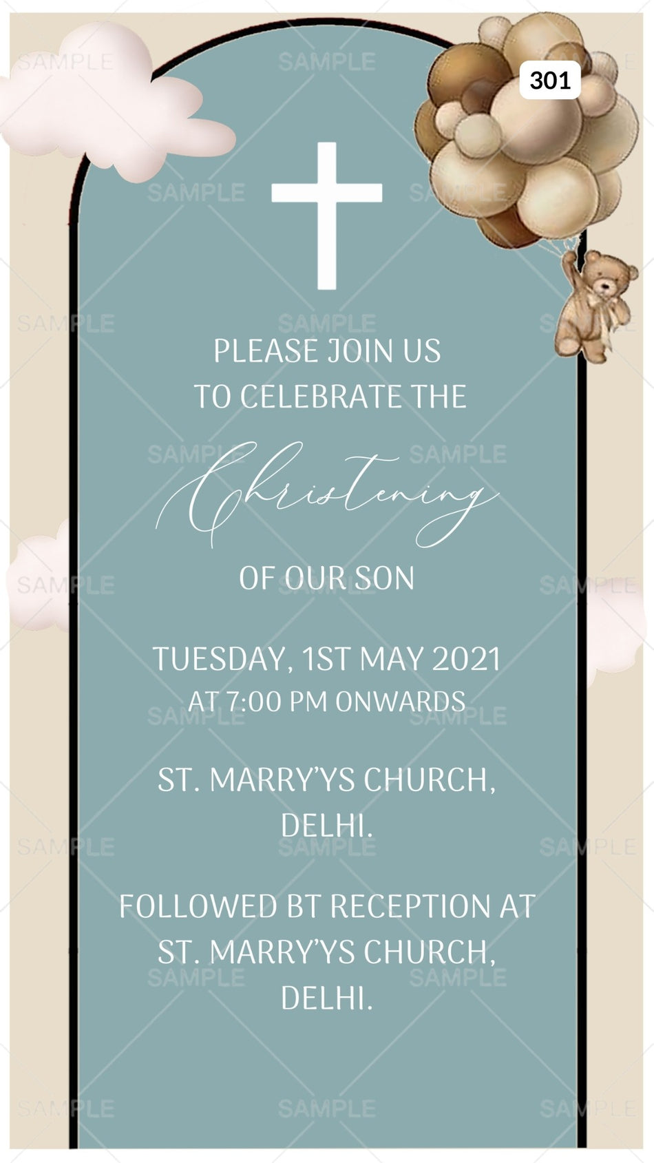Baptism ceremony invitation card Canva Editable Templatein english language with balloons, cloud as playful theme design 301