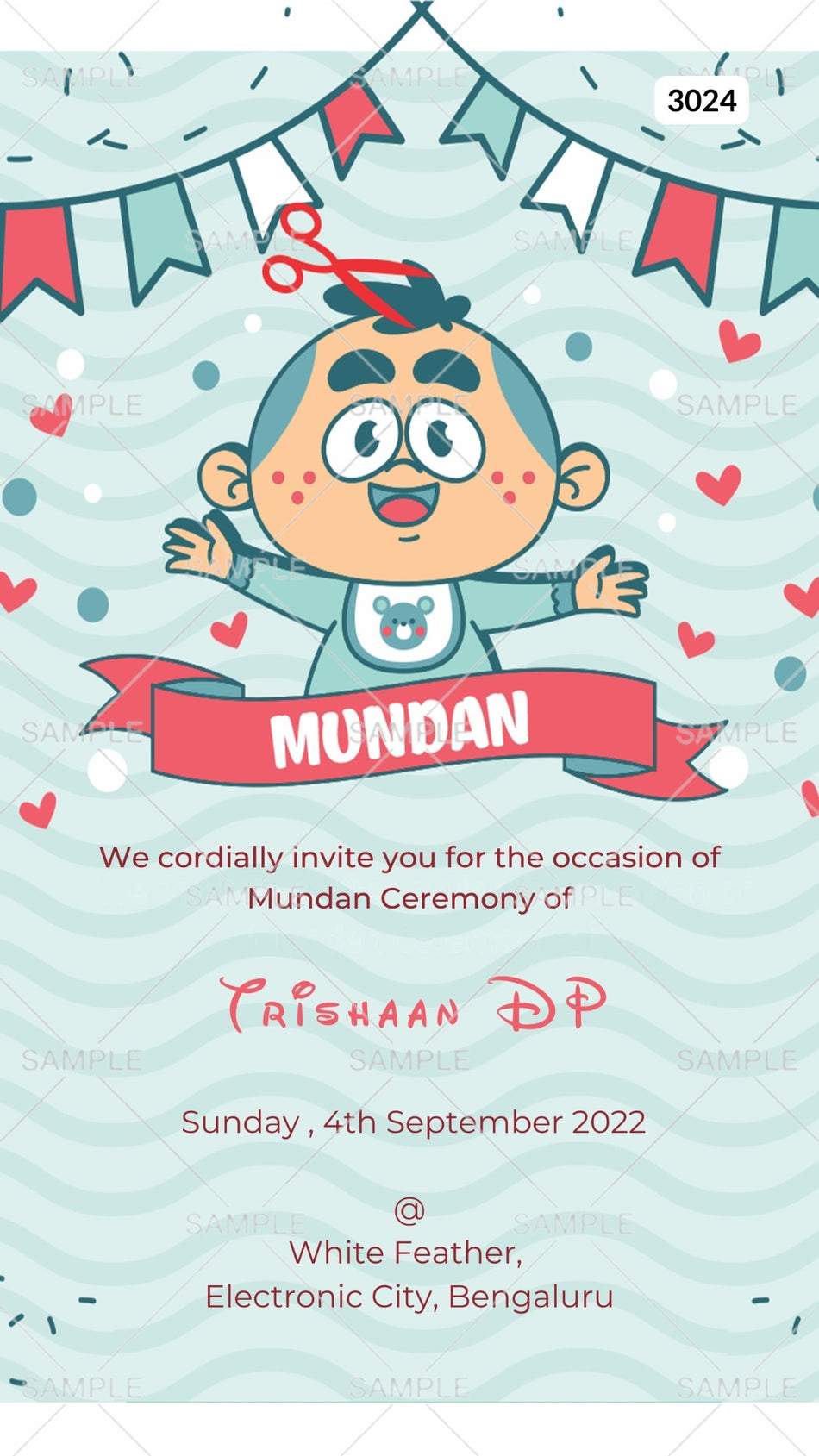 Digital Mundan Ceremony Invitation Of South Indian Family In English Language With Pastel Blue and Red Disney Theme Canva Editable Template Design No. 3024