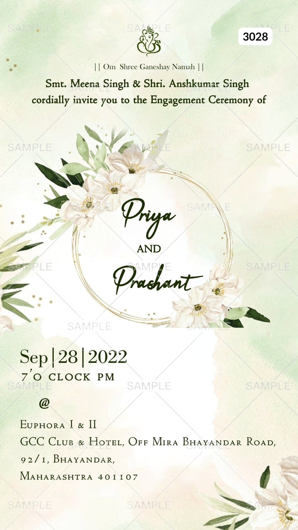 Engagement Ceremony invitation card in english language with leaves, flowers as minimalistic theme Canva Editable Template design 3028
