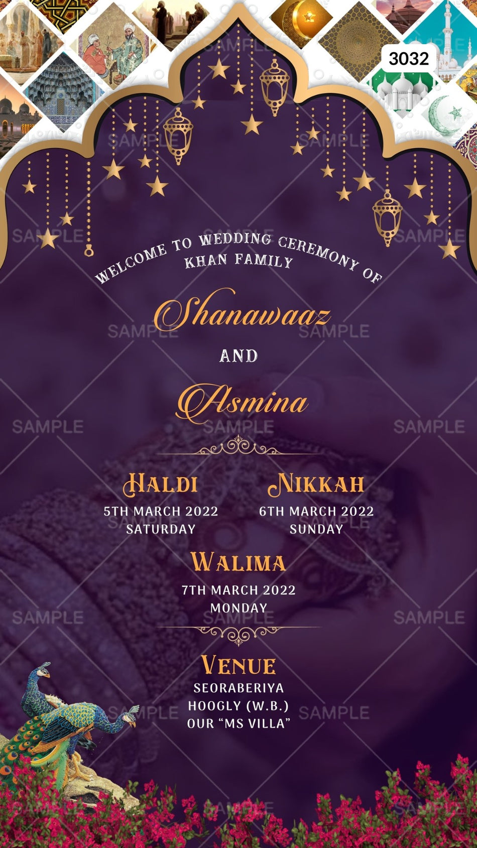 Digital Wedding Ceremony Invitation of Bengali Family in English Language With Indian Traditional Arch Gate and Floral Theme Canva Editable Template Design No. 3032