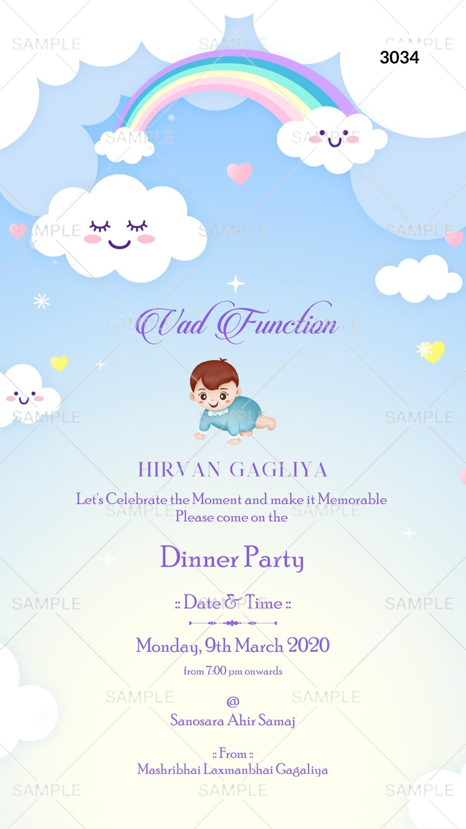 Vad Ceremony invitation card in english language with cloud, baby doodle as rainbow theme Canva Editable Template design 3034