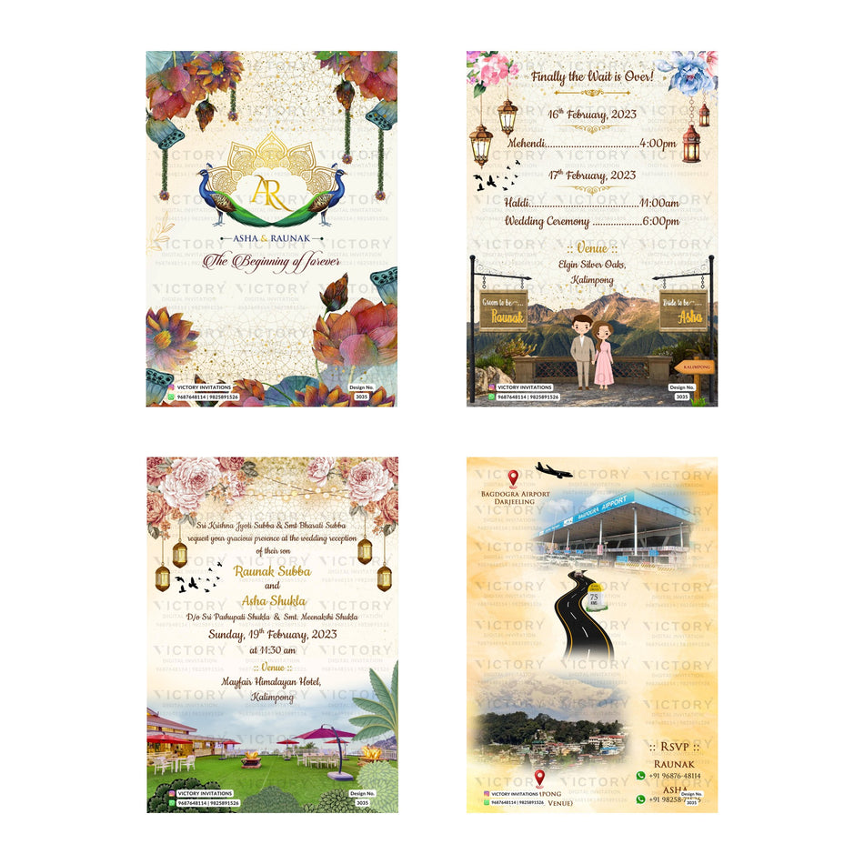 Traditional Indian wedding digital invitation card set 3035 featuring Asha and Raunak templates with custom floral artwork and travel details   
