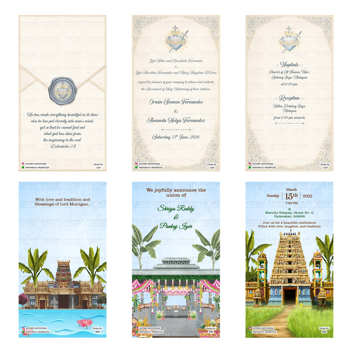 Six wedding invitation card designs arranged in a 2x3 grid, featuring traditional South Asian motifs including Indian flags, elephants, palavas, and temple illustrations on a white background.