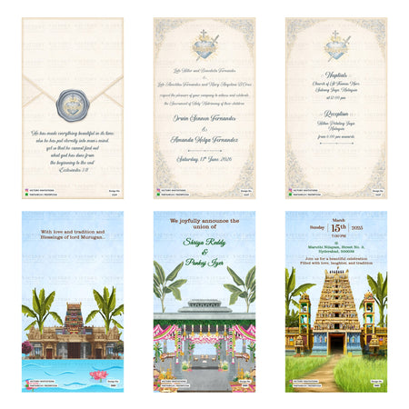 Six wedding invitation card designs arranged in a 2x3 grid, featuring traditional South Asian motifs including Indian flags, elephants, palavas, and temple illustrations on a white background.