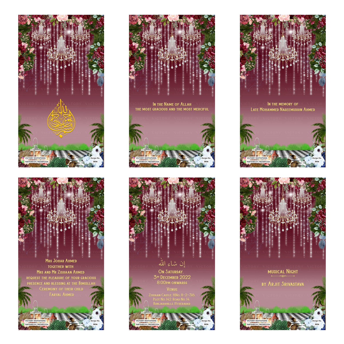 Six floral Islamic wedding invitation card designs arranged in a 2x3 grid. The cards feature a deep burgundy background with cascading crystal chandelier waterfalls, pink and white flowers, green palm trees, and a gold crescent moon on one card.