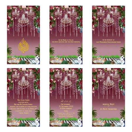 Six floral Islamic wedding invitation card designs arranged in a 2x3 grid. The cards feature a deep burgundy background with cascading crystal chandelier waterfalls, pink and white flowers, green palm trees, and a gold crescent moon on one card.