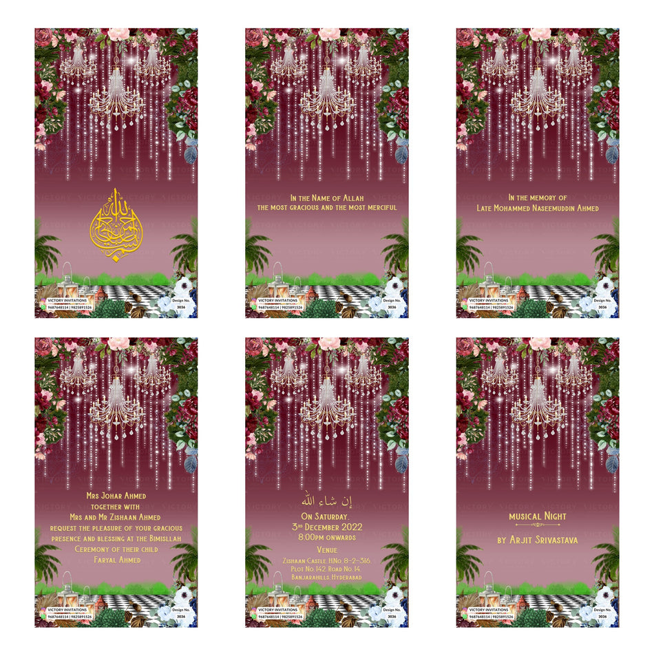 Six floral Islamic wedding invitation card designs arranged in a 2x3 grid. The cards feature a deep burgundy background with cascading crystal chandelier waterfalls, pink and white flowers, green palm trees, and a gold crescent moon on one card.