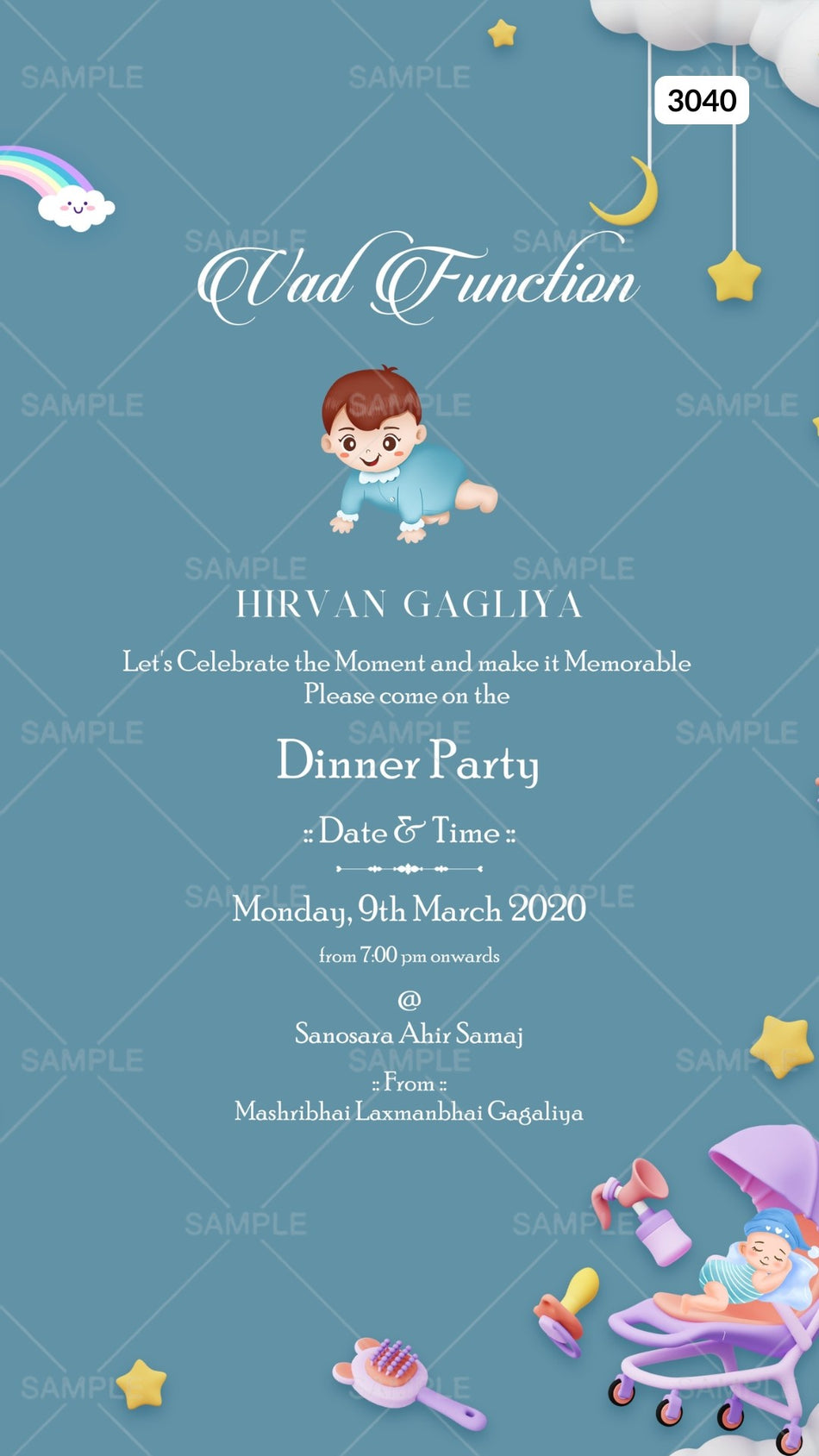 Digital Vad Function Invitation of Indian Family in English Language With Rainbow Theme Canva Editable Template Design No. 3040