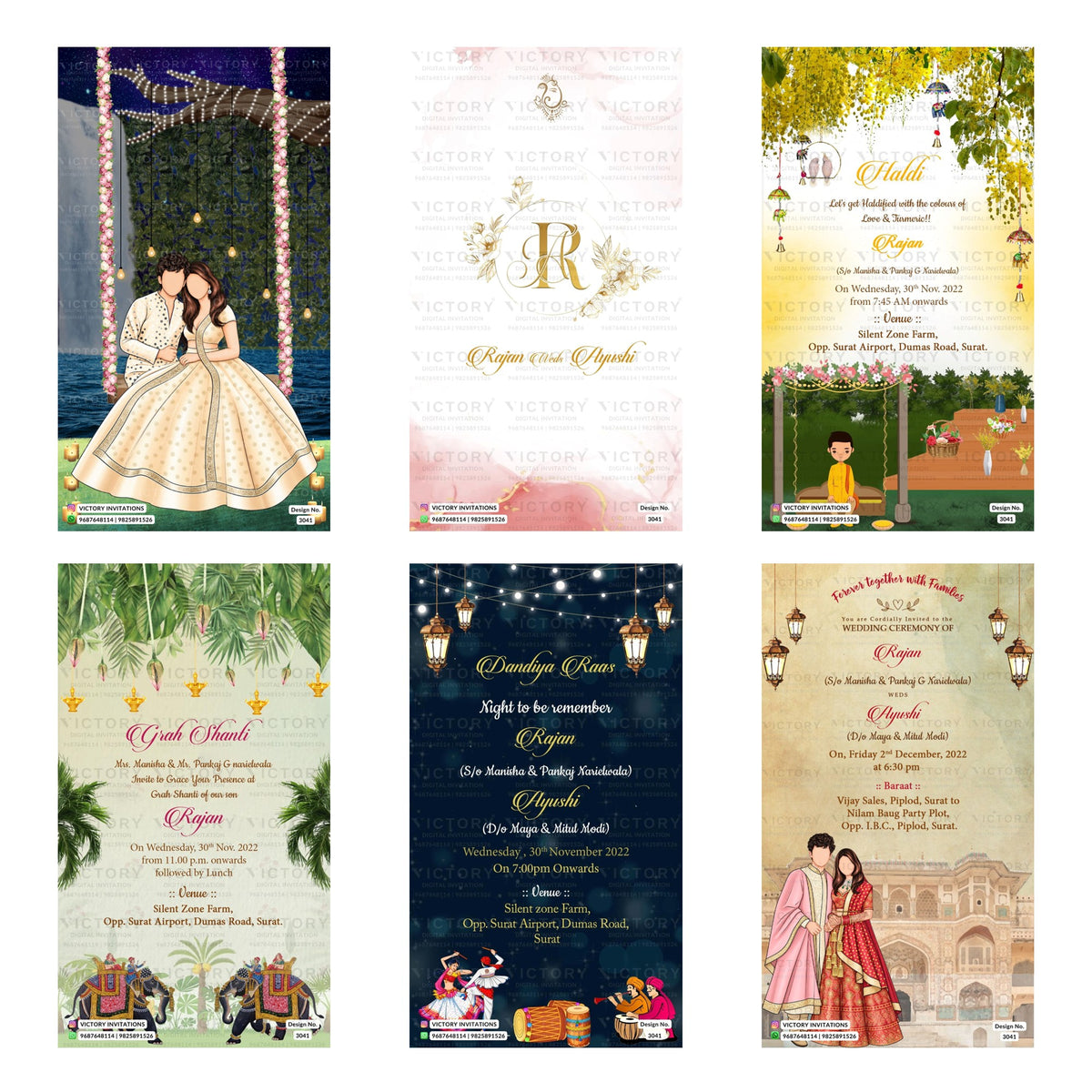 Traditional Indian wedding digital invitation card set 3041 featuring Rajan and Ayushi templates with Narielwala and Modi family branding   