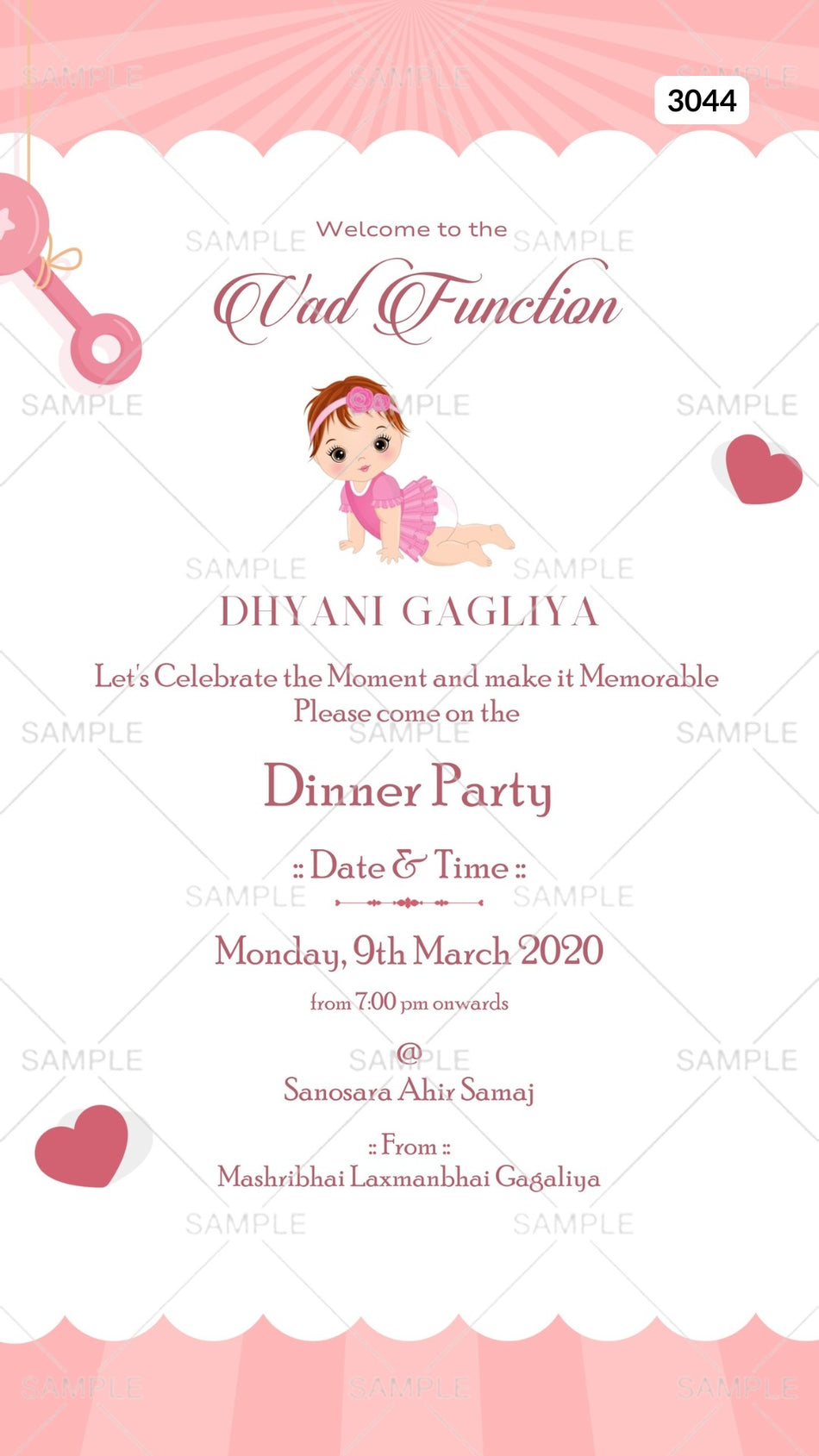 Vad Ceremony invitation card in english language with baby doodle as minimalistic theme Canva Editable Template design 3044