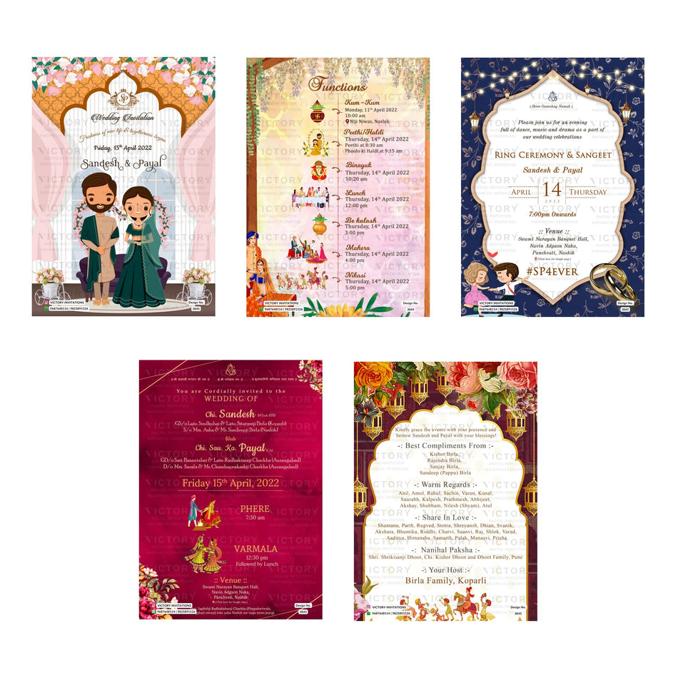 Traditional Indian wedding digital invitation card set 3045 featuring Sandesh and Payal templates with Birla family branding   