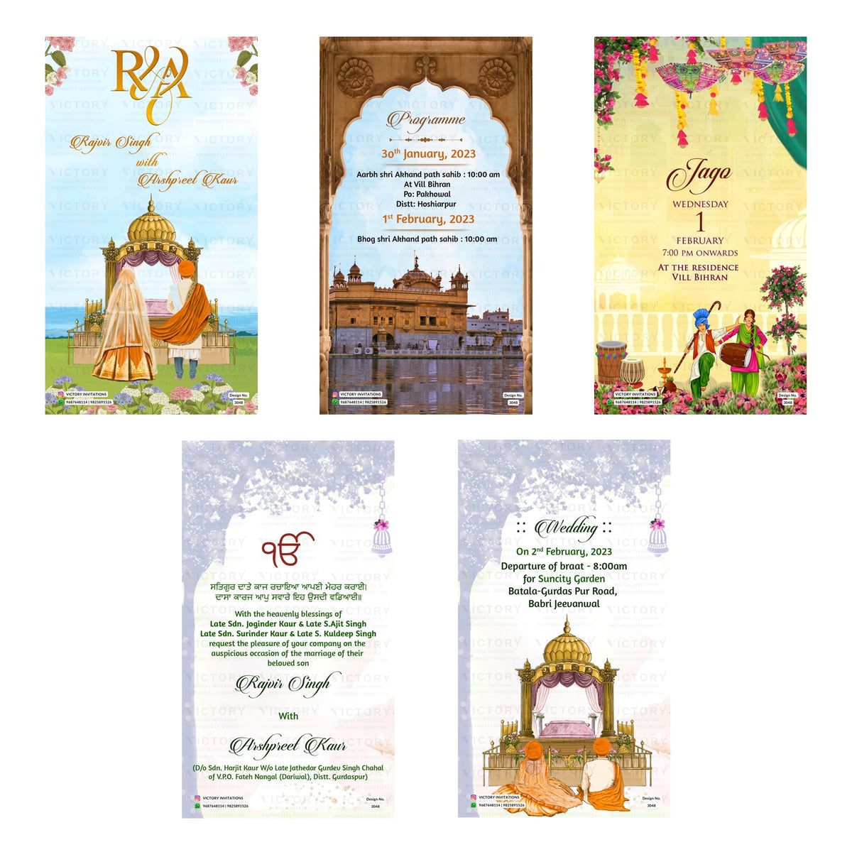 Five traditional Indian wedding invitation card designs arranged in a 2x3 grid on a white background. The designs feature colorful illustrations of wedding ceremonies, traditional attire, and architectural elements, with text placeholders for event details.