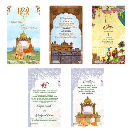 Five traditional Indian wedding invitation card designs arranged in a 2x3 grid on a white background. The designs feature colorful illustrations of wedding ceremonies, traditional attire, and architectural elements, with text placeholders for event details.