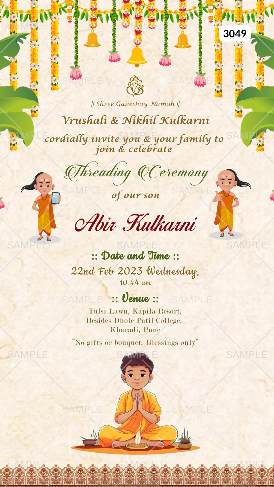 Digital Threading Ceremony Invitation Of Indian Family In English Language With Floral Vintage Theme Canva Editable Template Design No. 3049