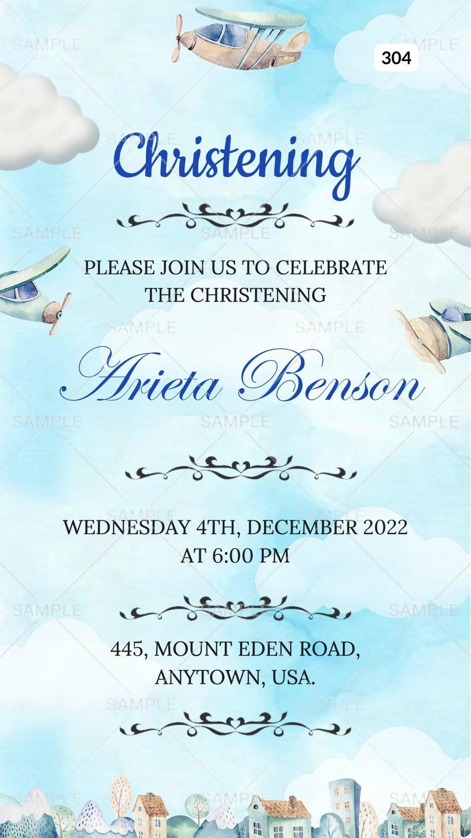 Baptism ceremony invitation card Canva Editable Template in english language with cloud, plane as asthetic theme design 304