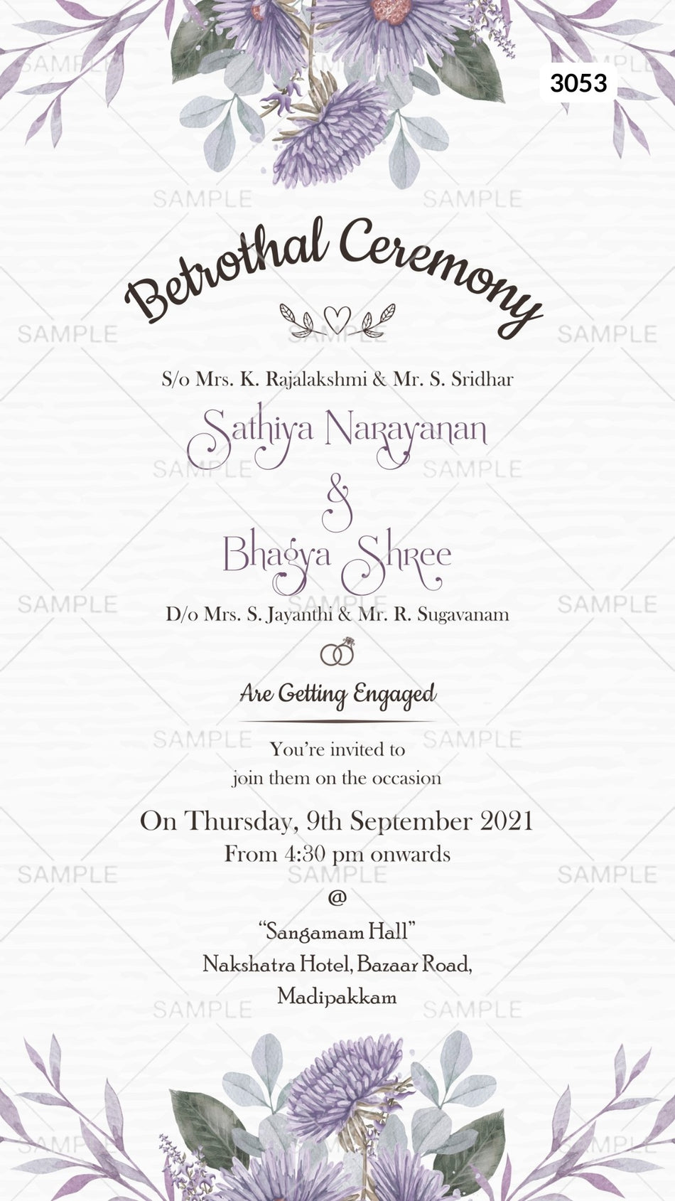 Digital Betrothal Ceremony Invitation Of South Indian Family In English Language With Floral Theme Canva Editable Template Design No. 3053