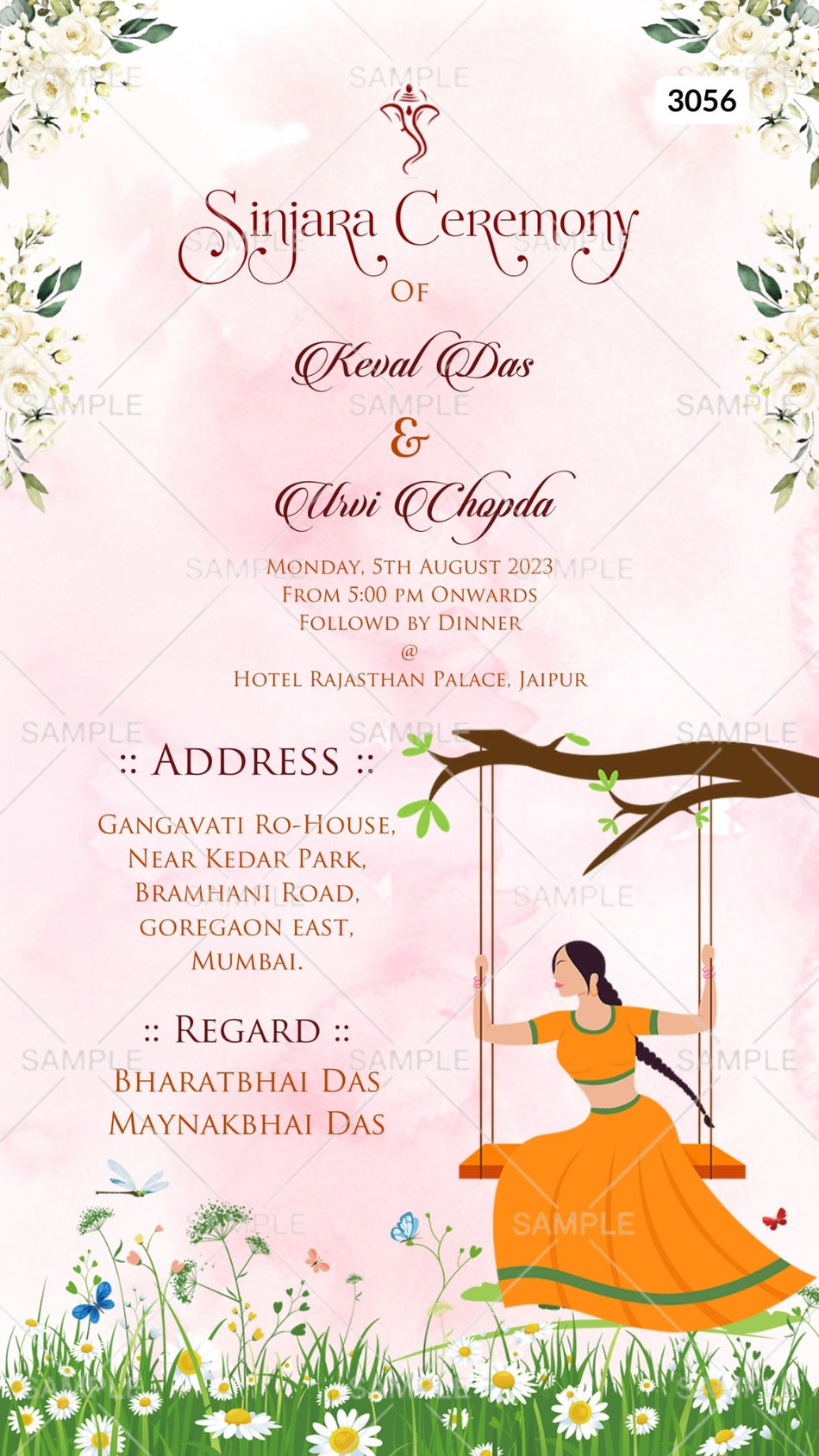 Digital Sinjara Ceremony Invitation Of Indian Family In English Language With Aathetic Floral Theme Canva Editable Template Design No. 3056