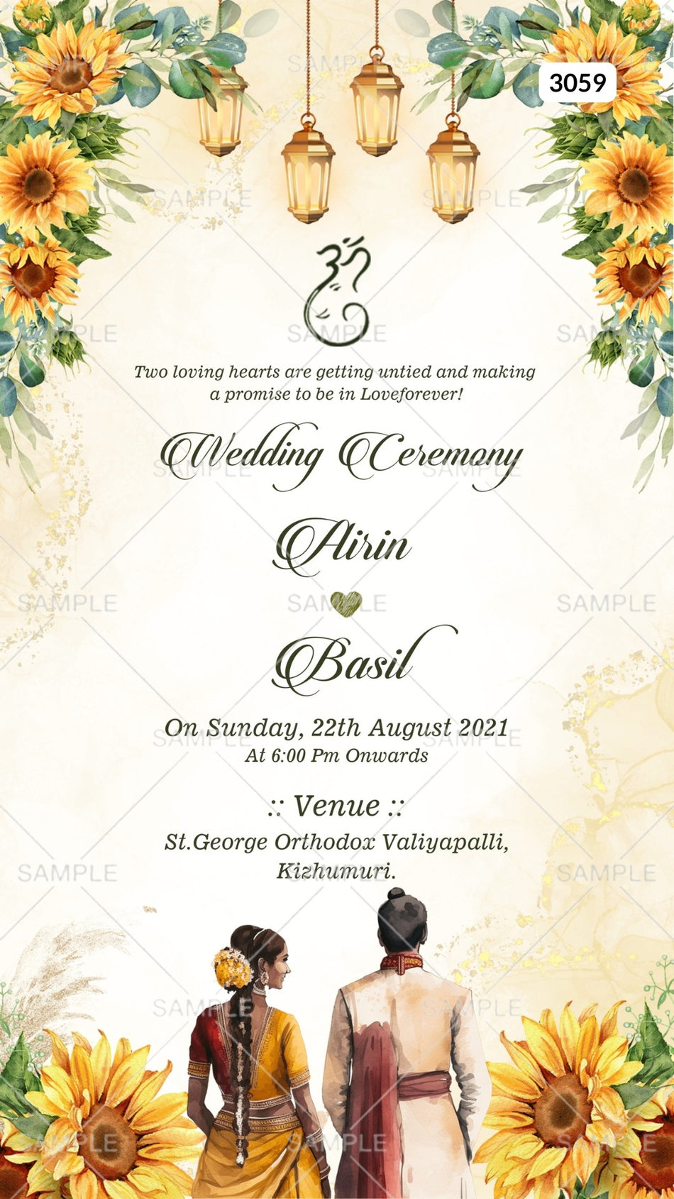 Digital Wedding Ceremony Invitation of South Indian Family in English Language With Aesthetic Vintage Floral Theme Canva Editable Template Design No. 3059