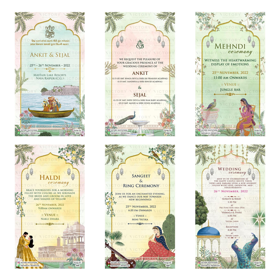 Six Indian wedding invitation card designs arranged in a 2x3 grid, featuring traditional illustrations, floral borders, and event details like Mehndi, Sangeet, and Wedding Reception.