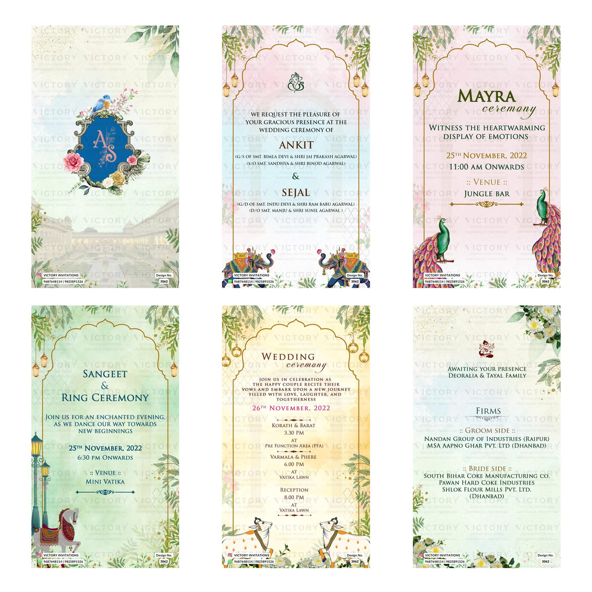 Six vertical wedding invitation card designs arranged in a 2x3 grid on a white background. The cards feature traditional Indian motifs including peacocks, elephants, floral borders, and elegant arches in pastel green, pink, blue, and gold tones.