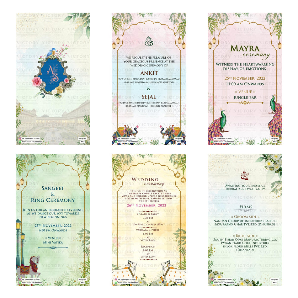 Six vertical wedding invitation card designs arranged in a 2x3 grid on a white background. The cards feature traditional Indian motifs including peacocks, elephants, floral borders, and elegant arches in pastel green, pink, blue, and gold tones.
