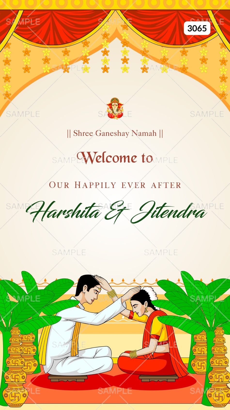 Digital Wedding Ceremony Invitation of Indian Family in English Language with Traditional Theme Canva Editable Template Design No. 3065
