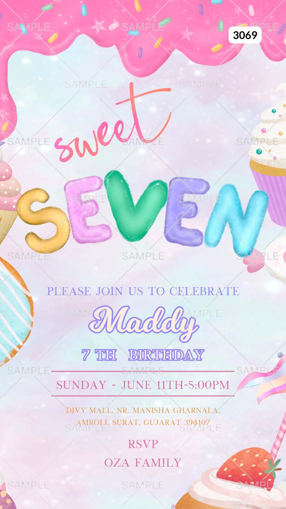 Birthday party invitation card by canva in English language with candy theme Canva Editable Template design 3069