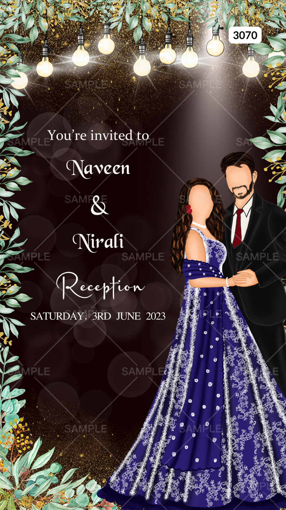 Reception Party invitation card by canva in english language with romantic couple doodle as artistic leaves theme Canva Editable Template design 3070