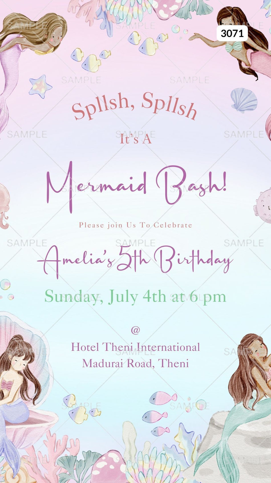Birthday party invitation card by canva for girl in English language with mermaid theme Canva Editable Template design 3071