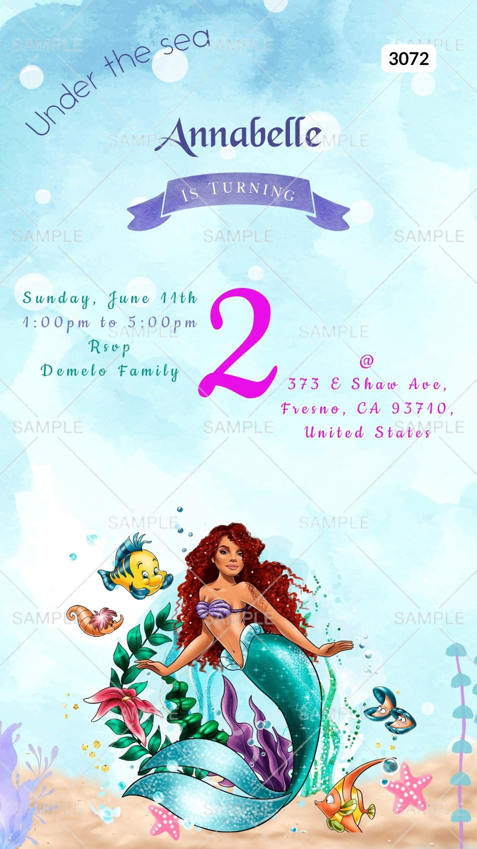 Birthday party invitation card by canva for girl in English language with Under the Sea theme Canva Editable Template design 3072
