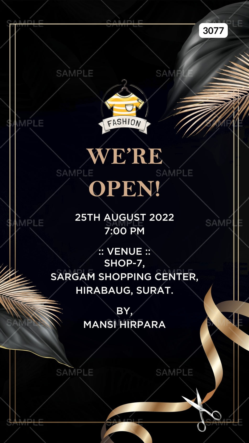 Opening invitation card Canva Editable Template in english language with leaves, ribin as minimalistic theme design 3077