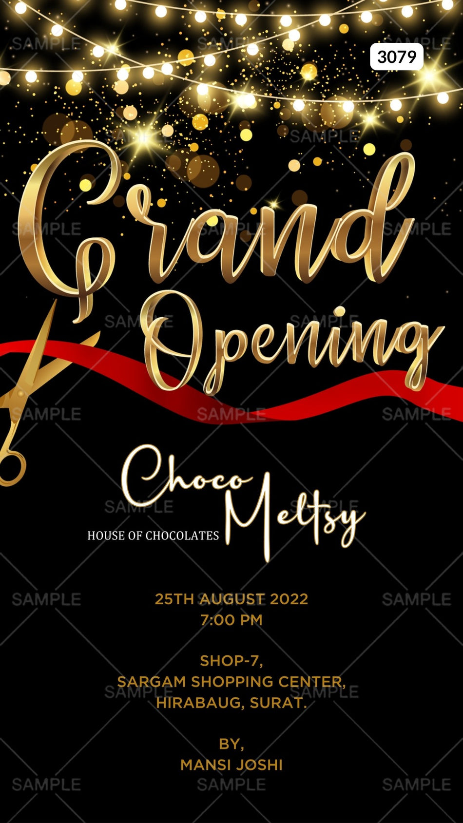 Opening invitation card Canva Editable Template in english language with lights, ribin as glittery theme design 3079