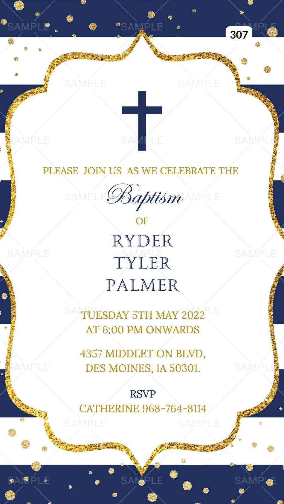 Baptism ceremony invitation card Canva Editable Template in english language with christian cross symbol. frame as glittery theme design 307