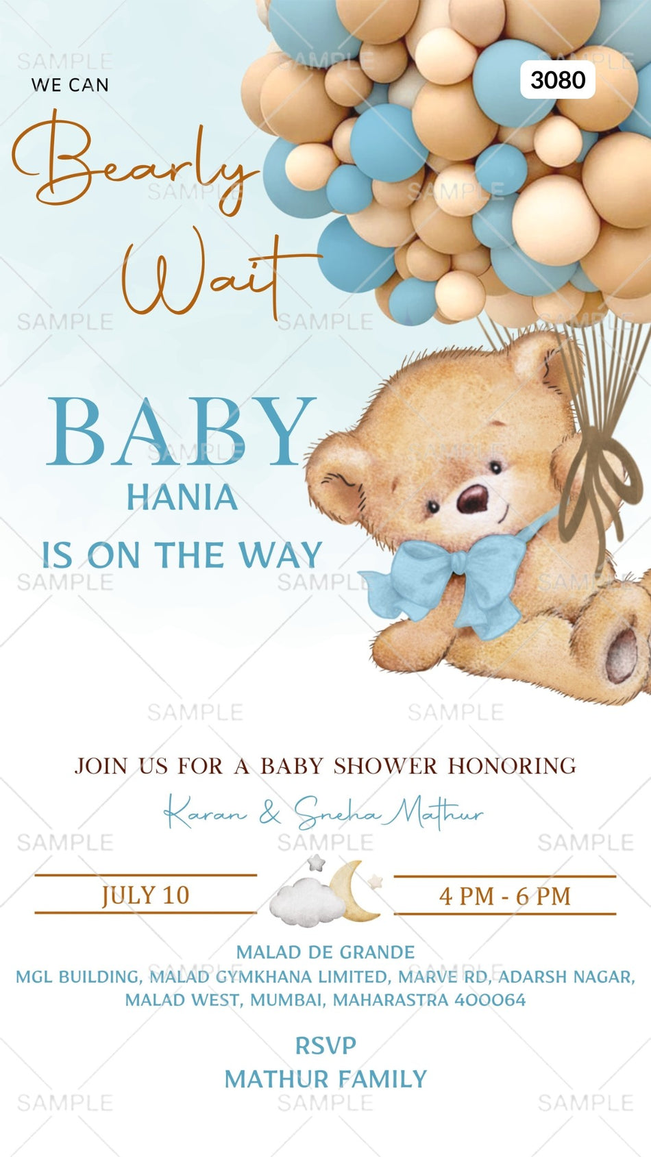 Baby Shower ceremony invitation card Canva Editable Template in english language with teddy, balloon as cartoonish theme design 3080