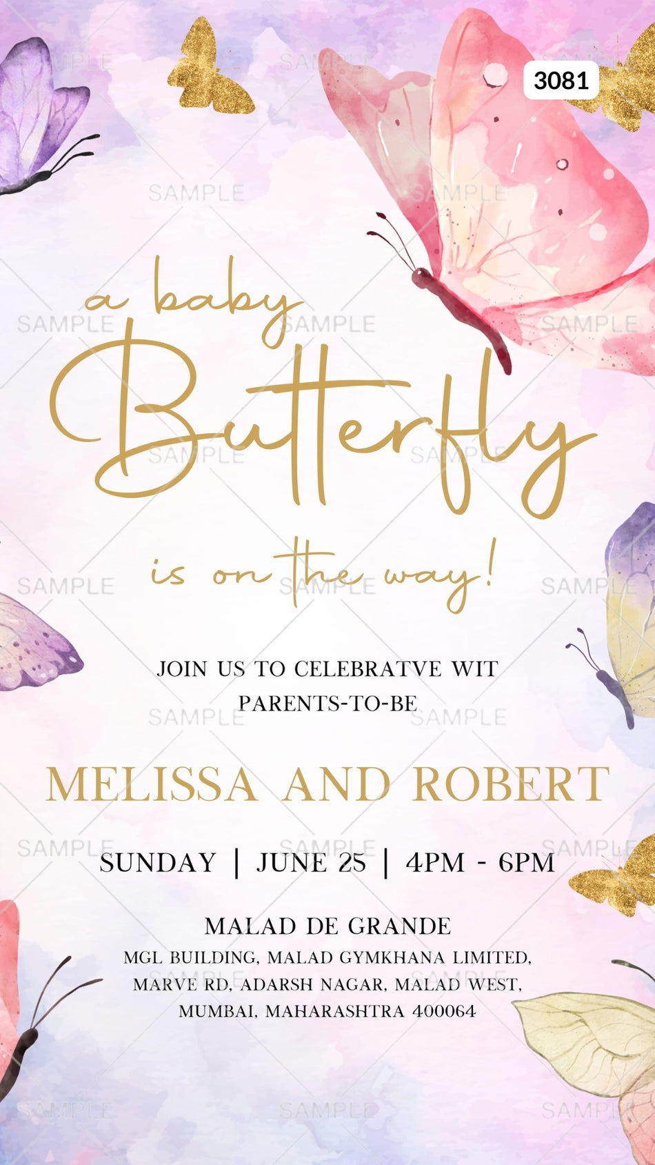 Baby Shower ceremony invitation card Canva Editable Template in english language with butterfly theme design 3081